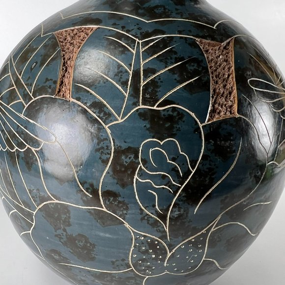 Vtg Nicaragua Vase Clay Pottery Folk Art Carved Incised Hummingbird Flower 6" - Picture 8 of 10